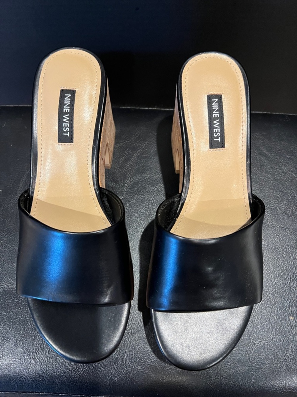 Nine West Black Platform Slide Sandals with cork heel - Picture 3 of 7
